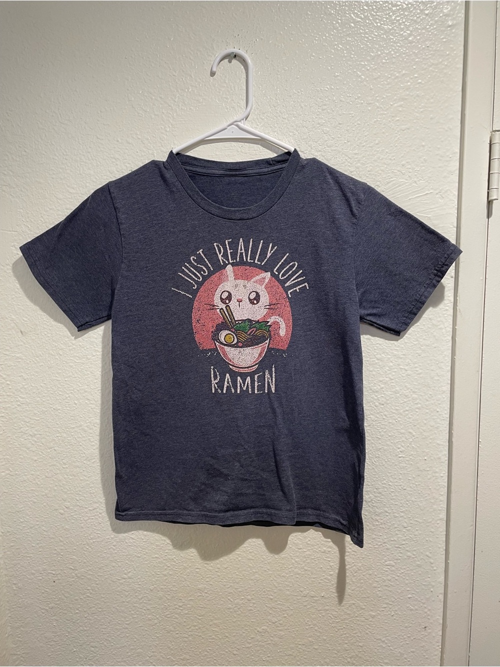 Kawaii Cat Ramen Graphic T-Shirt Grey Size Youth M / Women XS Anime Neko Tee